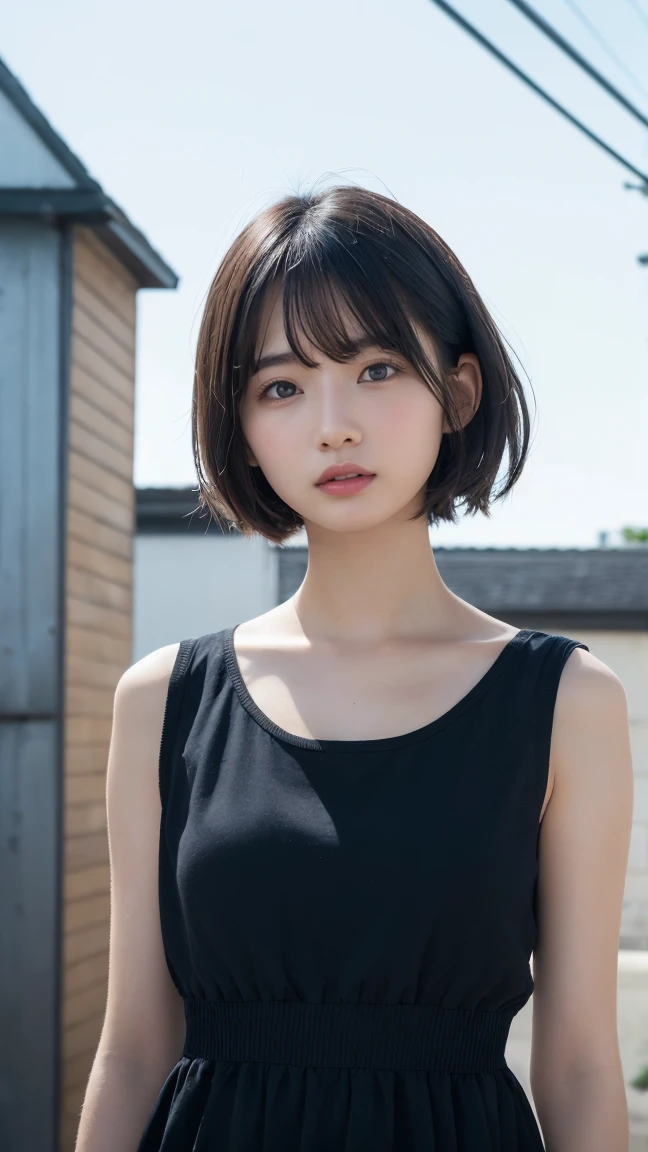 (High resolution:1.3), (16K, Photorealistic, RAW Photos, Best image quality: 1.4), Japanese, (1peopleの少女), Beautiful Face, (A vivid face), (Black-haired、short hair:1.3), Beautiful hairstyle, Realistic eyes, Beautifully detailed eyes, (Realistic Skin), Beautiful skins, Charm, 超High resolution, Surreal, Attention to detail, Golden Ratio, Plein Air, the wind is strong, From below,１people、 Half Body Shot,Highly detailed cute girl,(20-year-old)、 dress、