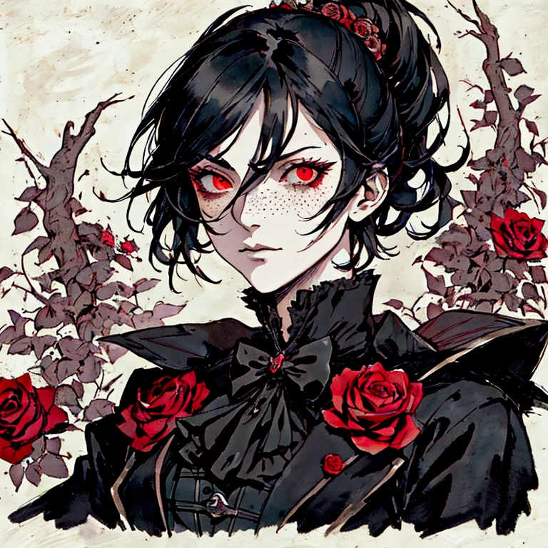 ((portrait)), (masterpiece, charcoal, watercolor, best quality, ultra-detailed), high contrast, (best shadow, intricate details, sharp focus), dark fantasy, high quality lighting, wide angle, (best illumination, an extremely beautiful), trending on artstation, danbooru, zerochan, beautiful detailed face, lineart, (1woman:1.4, tomboy, roses, black hair, short hair, darkness, arcane character art, freckles, shorts, blood:1.5, bloody, ponytail:1.3, belts, evil woman, dishonored, woman in suit, adult woman, sharp face, red eyes, red glowing eyes, high collar, aristocrat, male character, lady, dark ambience, Princess of darkness, noblewoman, corset, anime girl, arlecchino:1.4, victorian, yoshitakka amano, gentleman, valet, butler, Karol Bak, goddess of darkness), (goth, suit:1.4, woman in suit:1.4, dark fantasy, gothic)