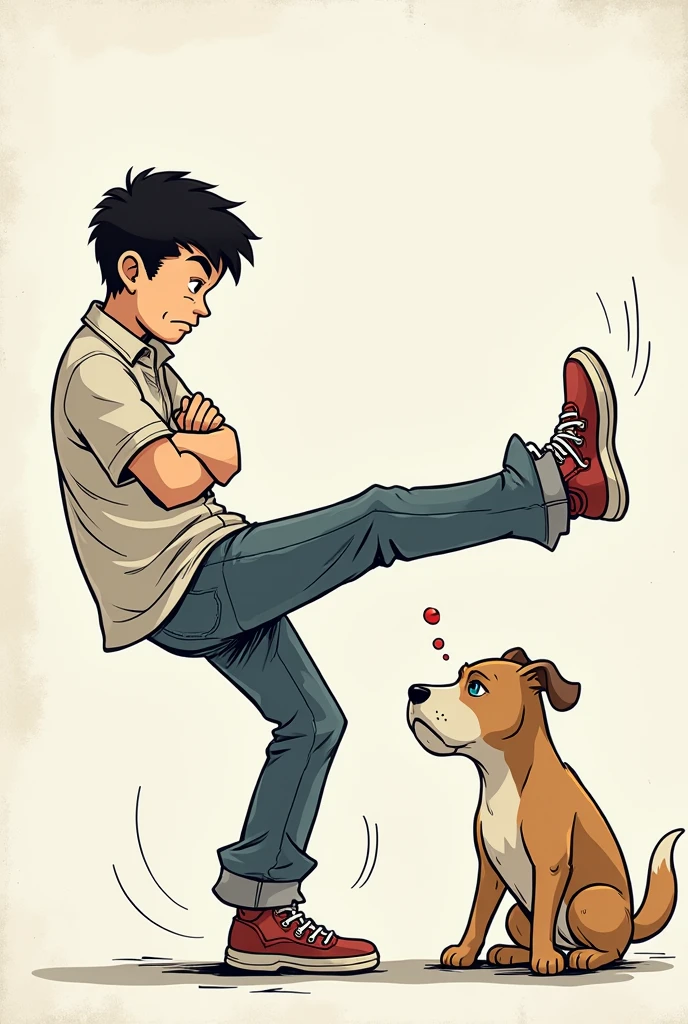 as if it were in a comic strip a person kicking a dog and the dog is very sad but the person is not so angry 
