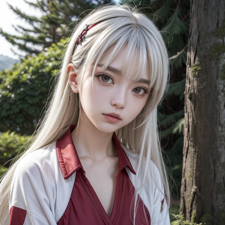 (Estilo Takemura Youhei),1garota de white  hair e red highlights, fully body, (fir tree), (Mato Seihei&#39;s Slave), She has several horns on her head, ((white  hair)), very long hair, red highlights, bangss, blue colored eyes, mole under the eyes, high socks, bridal gauntlets, blackstockings, oni horns, fangs, teeths, revealing clothing, (white  hair), white chinese dress with black details , From  above, lie down, breasts big