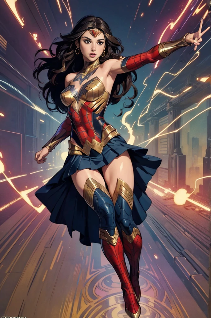 Gal Gadot、stick out the navel、new york、wearing a torn spiderman suit、Wearing a skirt、Abstract and realistic、Artistic、Alphonse Mucha paintings(masterpiece、Highest quality、High resolution:1.4)、detailed、Exquisite detail、4K、Splashes of color、Line art、Fibonacci、