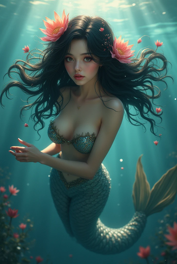 mermaid, black hair adorned with flowers, swimming in the seas, looking at the camera