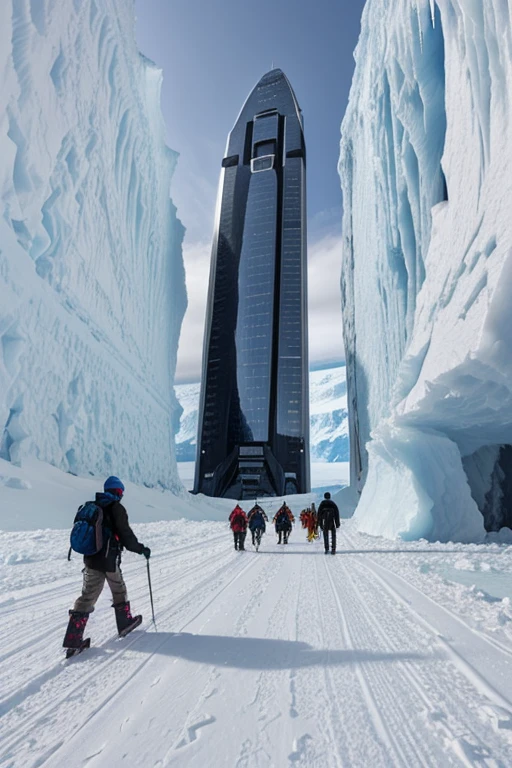 creates several Antarctic walls, as tall as an ice skyscraper, with a path in the middle, with 5 tiny people walking through them