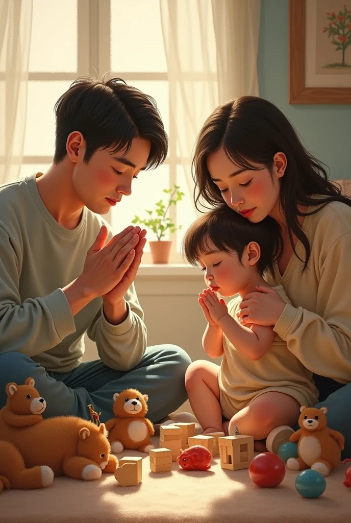 Parents praying while thier  is busy in playing with toys 