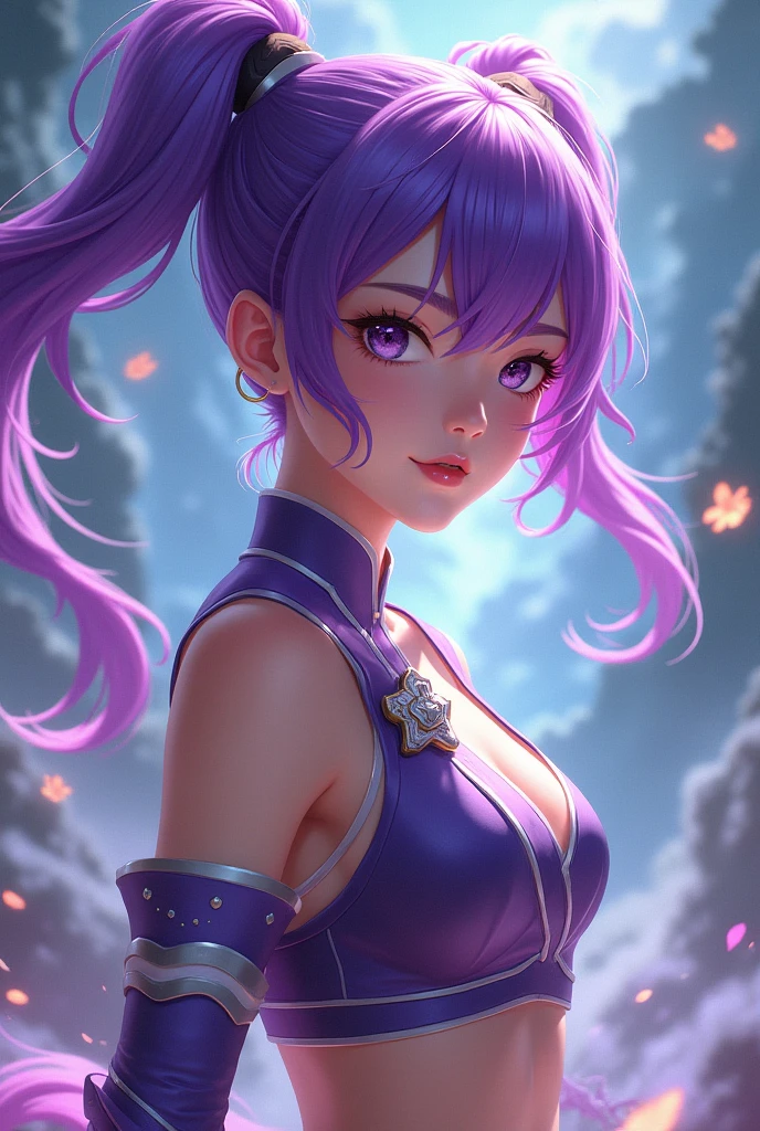  girl, twintail, crop top, belly, violet hair, chinese clothes violet and white color, ziyan battle through the heavens, front