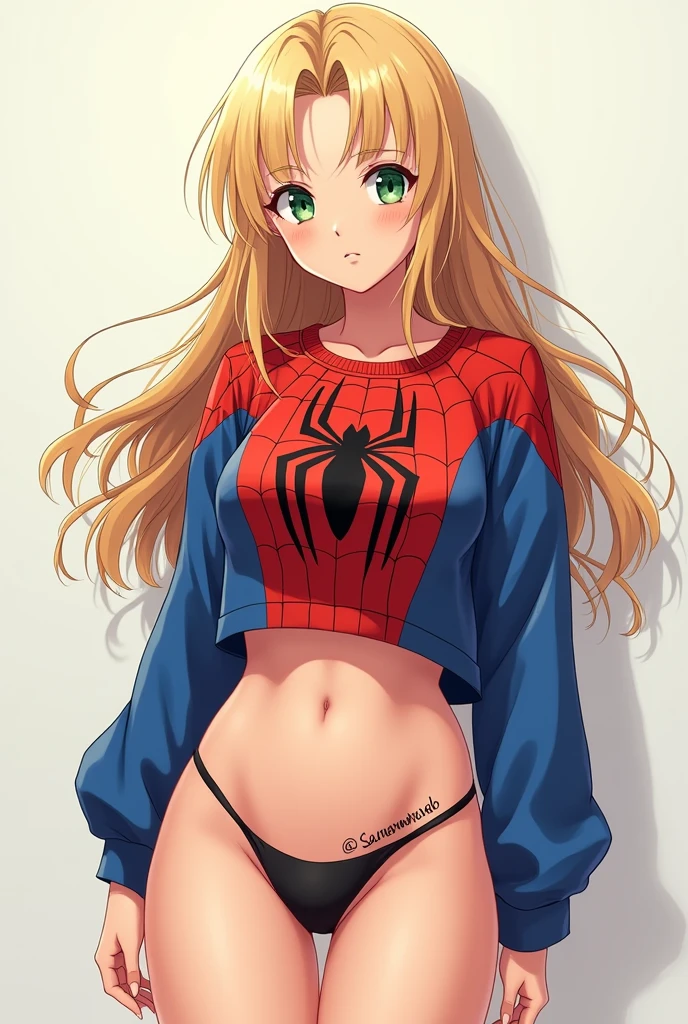 Draw a light skin tone anime version of a woman,blond hair,green eyes ,Spiderman sweatshirt and thin thong underwear showing off her toned buttocks