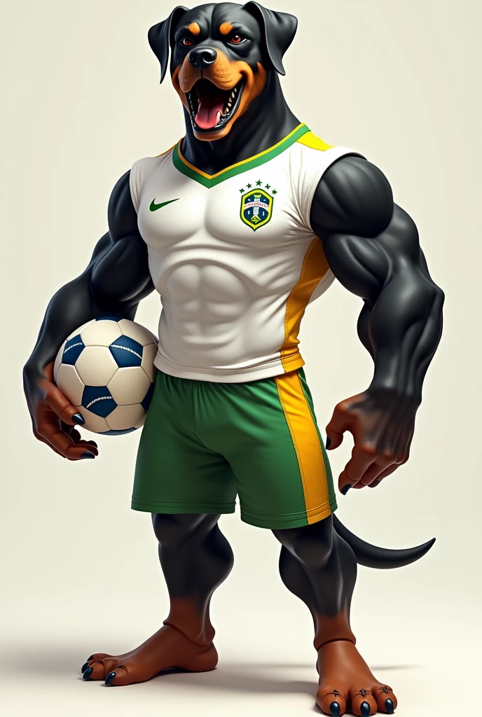 A mascot for the Brazilian football team represented by a strong and imposing Rottweiler in a white and gold uniform holding a Brazilian football.