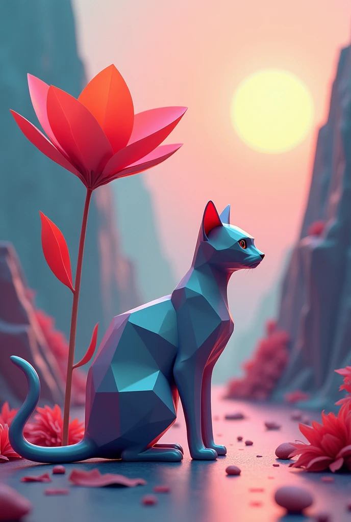 geometric cat art in geometric landscape and a geometric shaped flower