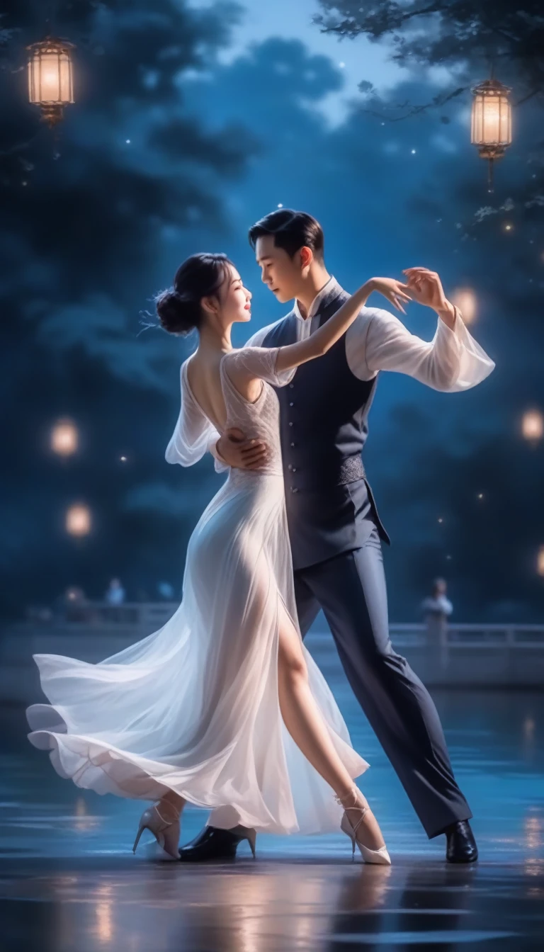 High-detail RAW color, full-body shot, a chinese girl in transparent long white dress dance tango with a man in parklake in moonlight