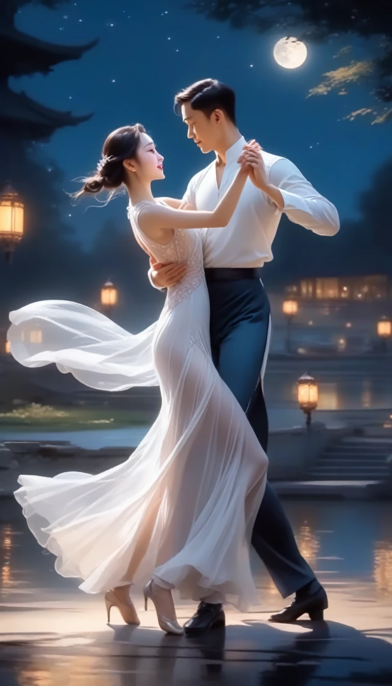 High-detail RAW color, full-body shot, a chinese girl in transparent long white dress dance tango with a man in parklake in moonlight