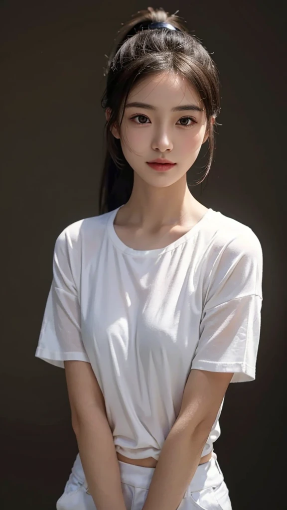 Full body shot,White T-shirt,Half pants,Stand straight ahead,Background is black wall,Body in front,masutepiece, The highest image quality, High quality, the background is clear,Beautiful woman, Japanese, Detailed, Ultra-detailed, finely detail, hight resolution, 8K Wallpaper, Perfect dynamic composition, Beautiful detailed eyes ,Detailed eyes, Detailed skin, Beautiful skin, 超hight resolution, (reality: 1.4),Very beautiful woman, Slightly younger face, Beautiful skin, slender, (Ultra photo realsisim), (hight resolution), (8K), (Very detailed) (beautifully detailed eyes), (super detailed), (Detailed face), view the viewer, Fine details, Detailed face, Staring straight ahead, Staring straight ahead, photos realistic, Bright lighting, Professional Lighting, Black hair,poneyTail,a baby face,sixteen years old,Hairstyle: ponytail,Long ponytail hairstyle,slight smile,