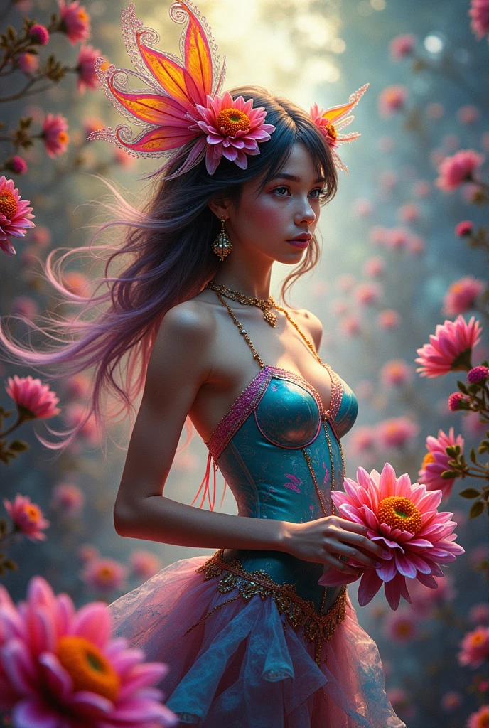 ((fractal art)),((artwork,Best Quality,extremely detailed,ultra high resolution,detailed background)),(((abstract background))),(1 girl),((showy)),flores,(shiny skin),((many colors)),(toys),feathers