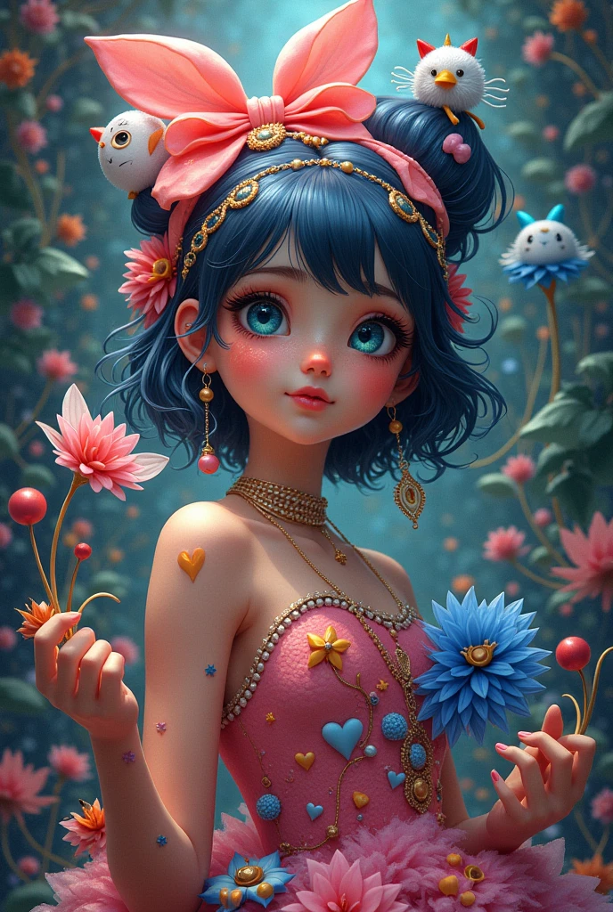((fractal art)),((artwork,Best Quality,extremely detailed,ultra high resolution,detailed background)),(((abstract background))),(1 girl),((showy)),flores,(shiny skin),((many colors)),(toys),feathers