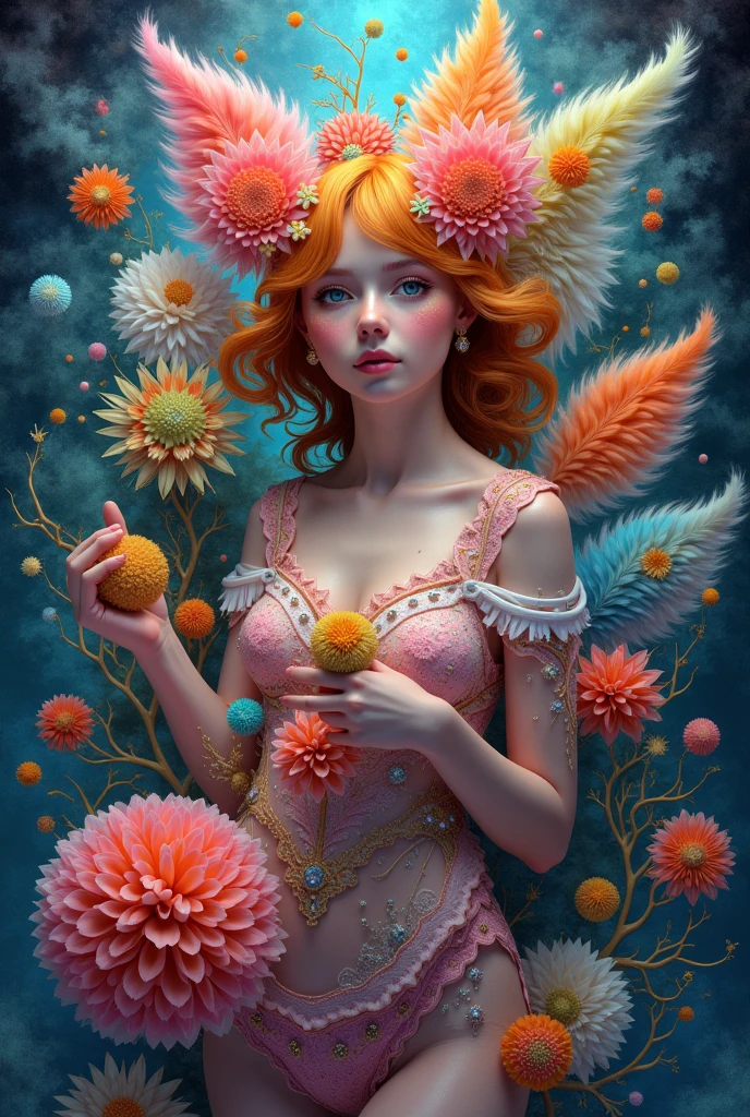 ((fractal art)),((artwork,Best Quality,extremely detailed,ultra high resolution,detailed background)),(((abstract background))),(1 girl),((showy)),flores,(shiny skin),((many colors)),(toys),feathers