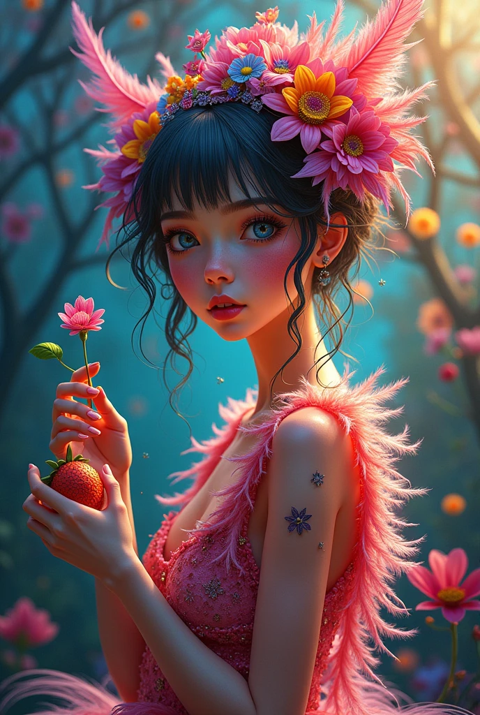 ((fractal art)),((artwork,Best Quality,extremely detailed,ultra high resolution,detailed background)),(((abstract background))),(1 girl),((showy)),flores,(shiny skin),((many colors)),(toys),feathers