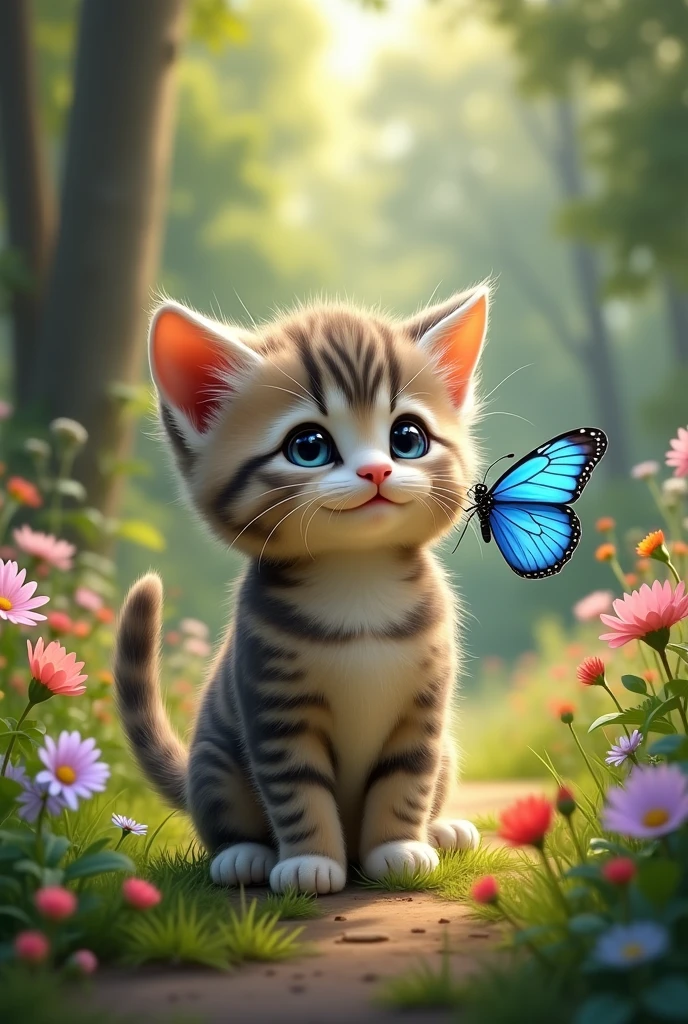 kitten nino found a blue butterfly in the garden 