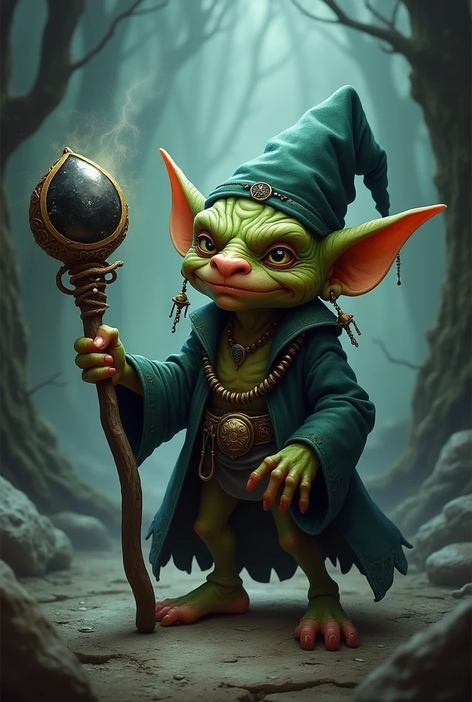 Goblin mago, Scrawny, wearing earrings and necklaces, and a small staff with a black stone on the end.