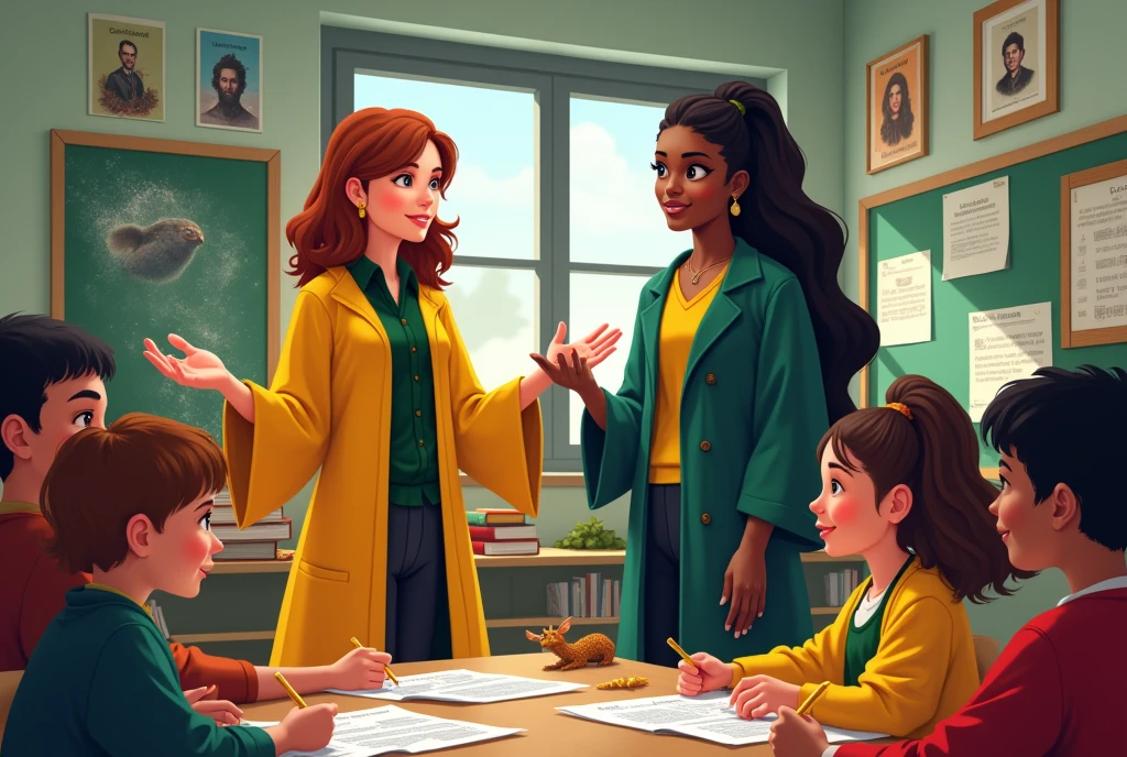 Horizontal image of an elementary school classroom with a female Hufflepuff teacher and a black female Slytherin teacher and students. in a fun Harry Potter themed class, con slytherin y hufflepuff