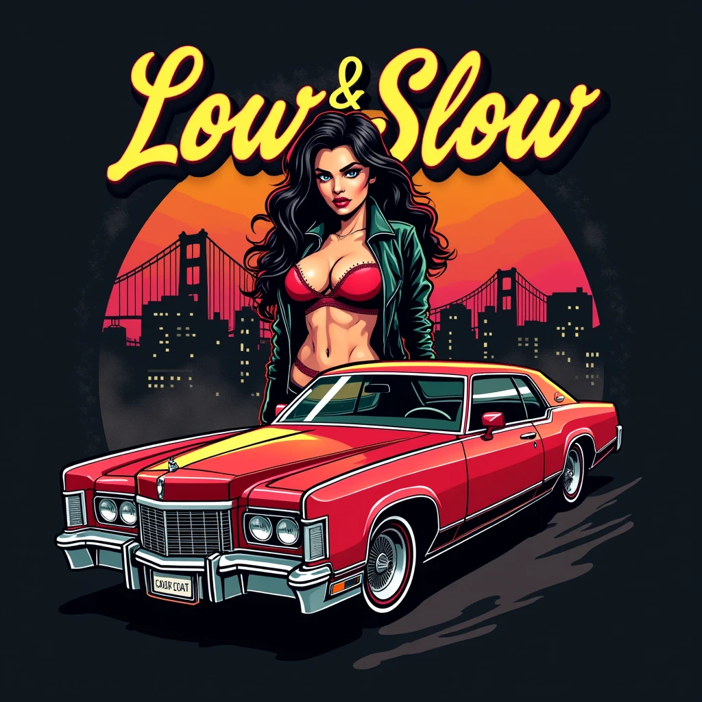 Design a logo for a t-shirt called "Low and Slow" vector style The text "Low and Slow" should be rendered in a stylized, cursive script with the words "Low" written in a larger, more prominent font, The logo should have low rider a red car 76 Lincoln Mark IV and a cartoon of a chicana gangster woman with a sexy outfit low rider style, SF City on the background The overall aesthetic should be raw, edgy, and attention-grabbing, blending the worlds of street art and high-fashion, gangster style west coast gangster style