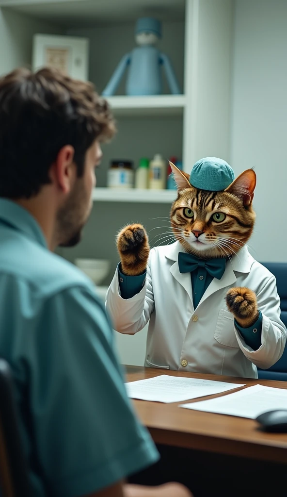 A cat dressed as a doctor is giving a serious lecture to the owner about a danger. The cat wears a small doctor’s cap and has one paw raised as if explaining something, looking intently at the owner. The owner sits in a chair, listening seriously to the cat, while the room is filled with medical equipment and documents. The cat’s expression is stern, with sharp, focused eyes, and ears pointed forward. The background shows the walls and shelves of an examination room, creating a professional atmosphere.