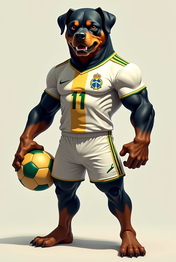 A mascot for the Brazilian football team represented by a strong and imposing Rottweiler in a white and gold uniform holding a Brazilian football.