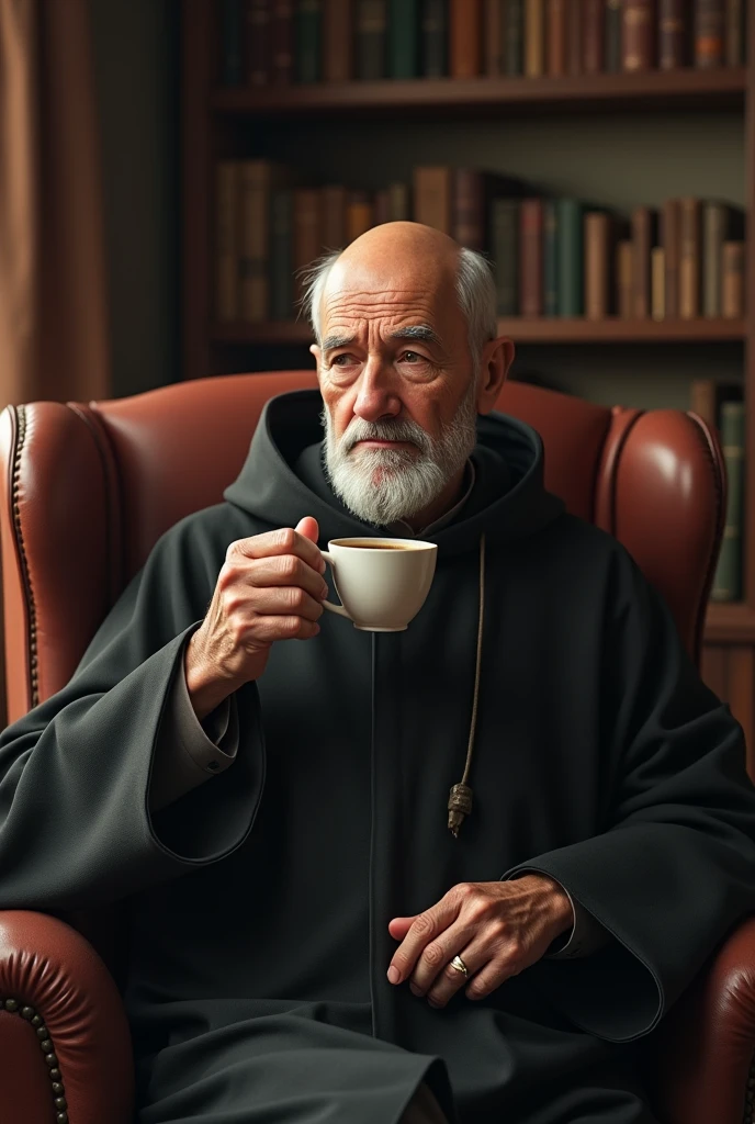 creates an image of an old Jesuit with a little baldness, beardless drinking colombian coffee