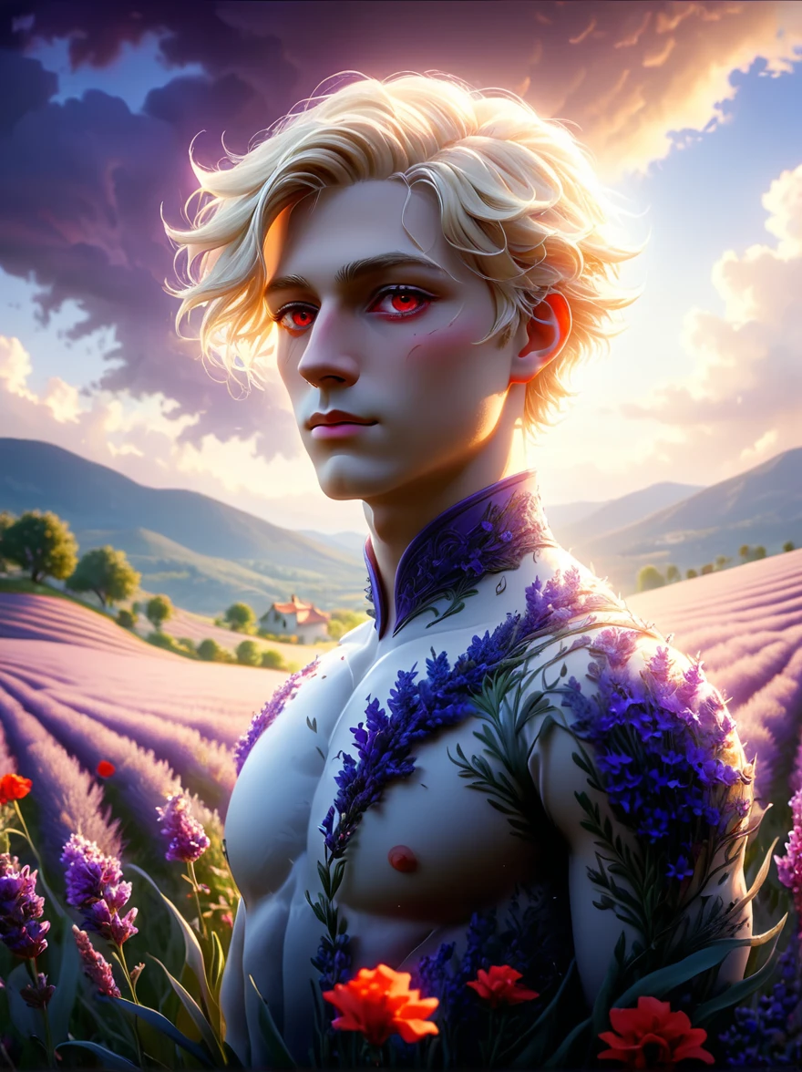a man with blonde hair and red eyes, standing in a lavender field with flowers, beautifully detailed portrait, intricate details, dramatic lighting, cinematic composition, vibrant colors, (best quality,4k,8k,highres,masterpiece:1.2),ultra-detailed,(realistic,photorealistic,photo-realistic:1.37),extremely detailed face and eyes, chiaroscuro lighting, dramatic shadows, vivid colors, lush environment, cinematic angle, epic fantasy scene