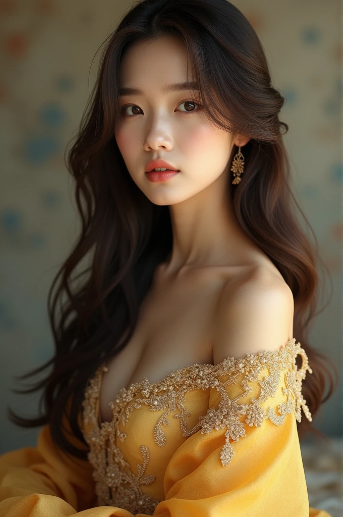 Create a realistic Korean woman with long brown hair in a golden dress
