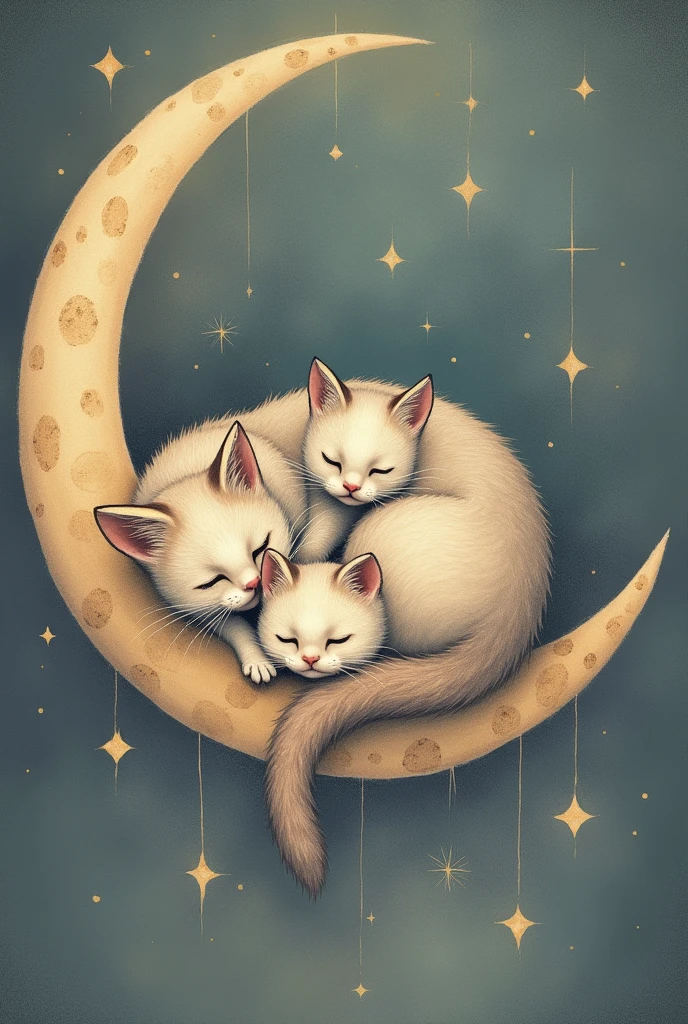 tattoo on arm, of a cat lying on a half moon, with another cat and another cat, all together