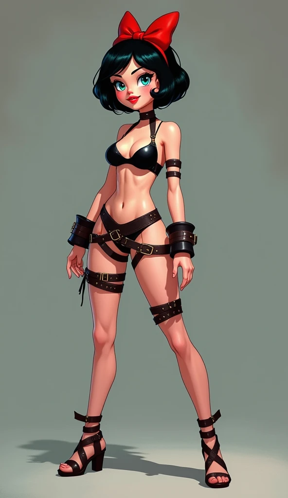 ((Full body photo, standing, feet on the ground)) snow white araffe, snow white, modern Disney style, cartoon style, red bow, blue eyes, short black hair, standing with black bra and cuffs, wrapped in leather straps, leather cuffs around wrists, restrained, harness and garters, handcuffed, handcuffs, dominant pose, dominant sexy pose,