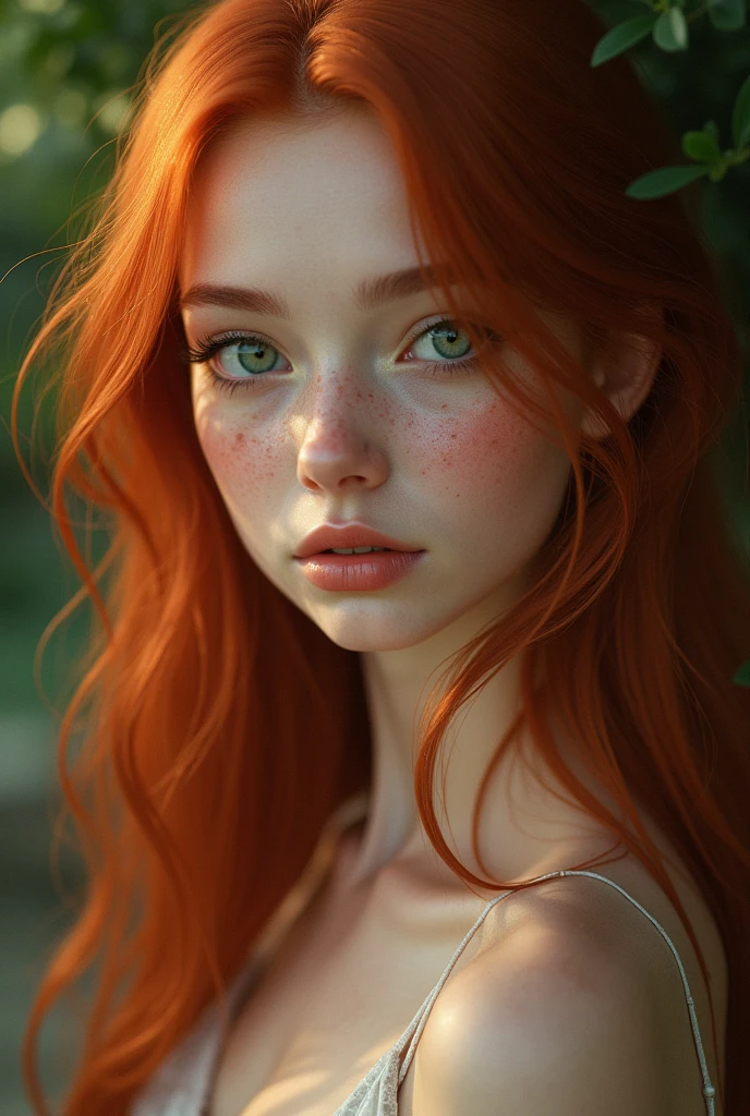 Create a girl of about 20 years old with long, straight natural red hair, fair skin with freckles and green eyes