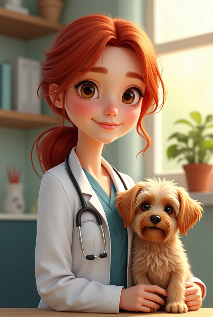 Pediatrician redhead freckled brown eyes sweet realism with a Yorkshire puppy 