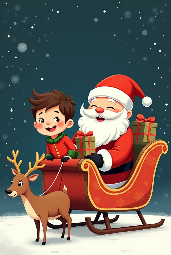 ولد سعيد يرتدي لباس الكريسماس ويمسك بيده هديه يركب عربه Santa Clause الطائره ومعها حيوان الرنا وبجواره Santa Clause ظريف يقود العربه مبتسم بطريقه ساخره ومرسوم بفن الخط والرسوم المصوره عناصر عيد الميلاد, Santa Clause Reindeer pulls sleigh black background, Simplified illustration of a set of exclusive stickers Simple drawing