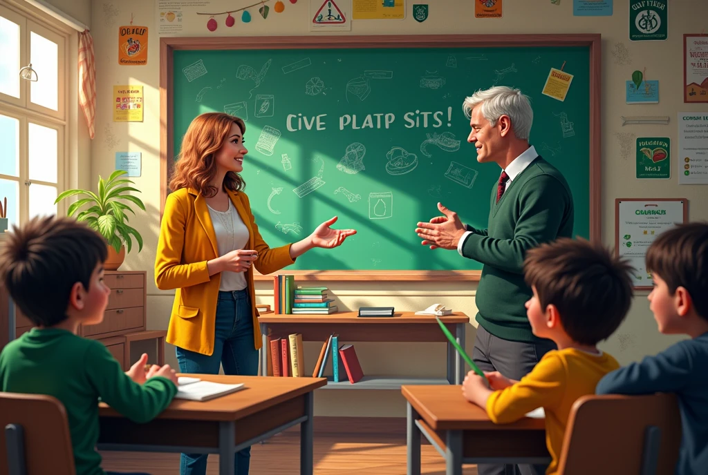 Horizontal image of a primary school classroom with a female Hufflepuff teacher and a female Slytherin teacher and students. in a fun Harry Potter themed class, con slytherin y hufflepuff