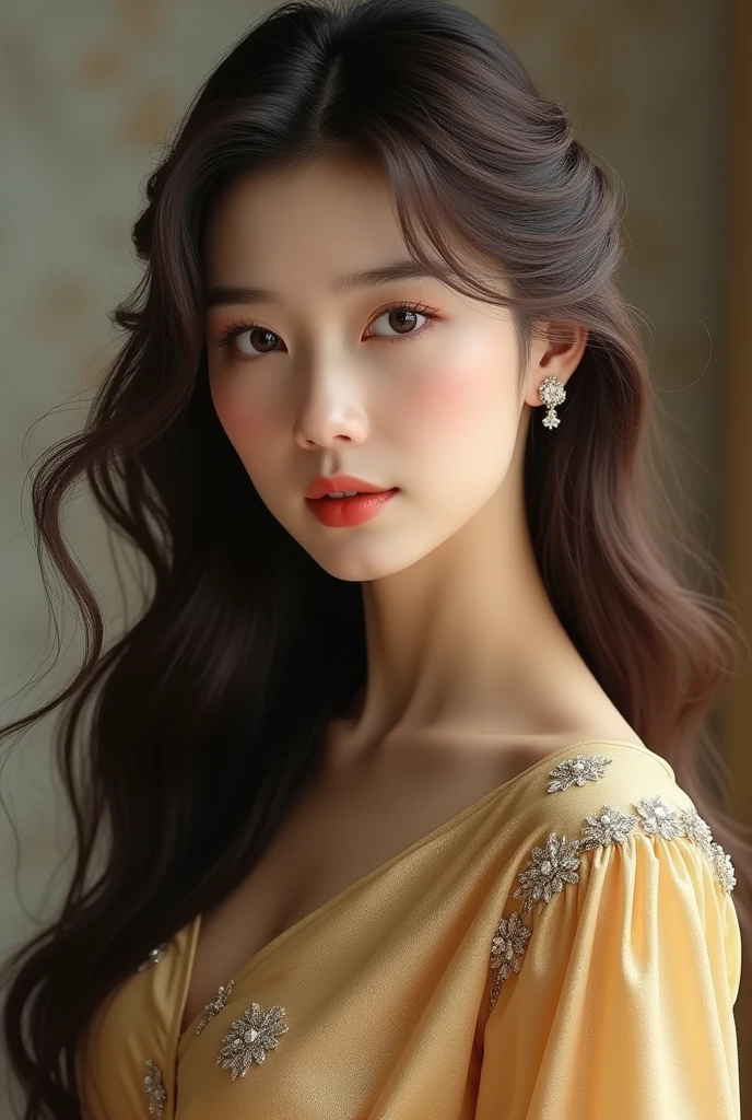  Create a realistic Korean woman with long brown hair in a golden dress