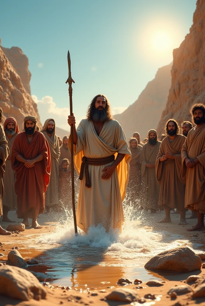Uma cena realista mostra moisés no deserto batendo em uma rocha com seu cajado, from where water begins to gush. moisés, with a long beard and simple clothes, is surrounded by the people of Israel, expressing surprise and joy while collecting water. The scene is arid, with sand, stones, and a clear sky under the strong desert sun.