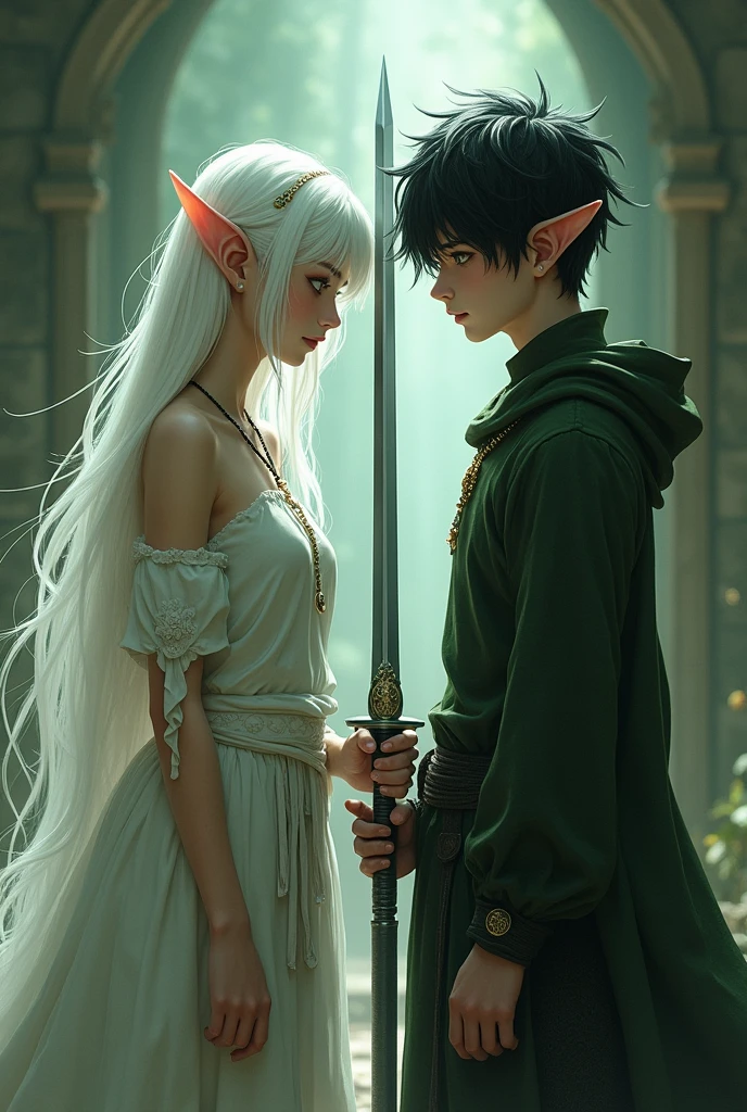 Imagine a girl with long white hair, with green eyes, elf ears and wearing a white necklace holding a sword and facing away from a boy with black hair at neck length, straight and somewhat spiky, your eyes are black, he is wearing a green necklace and he also has a sword in his hand