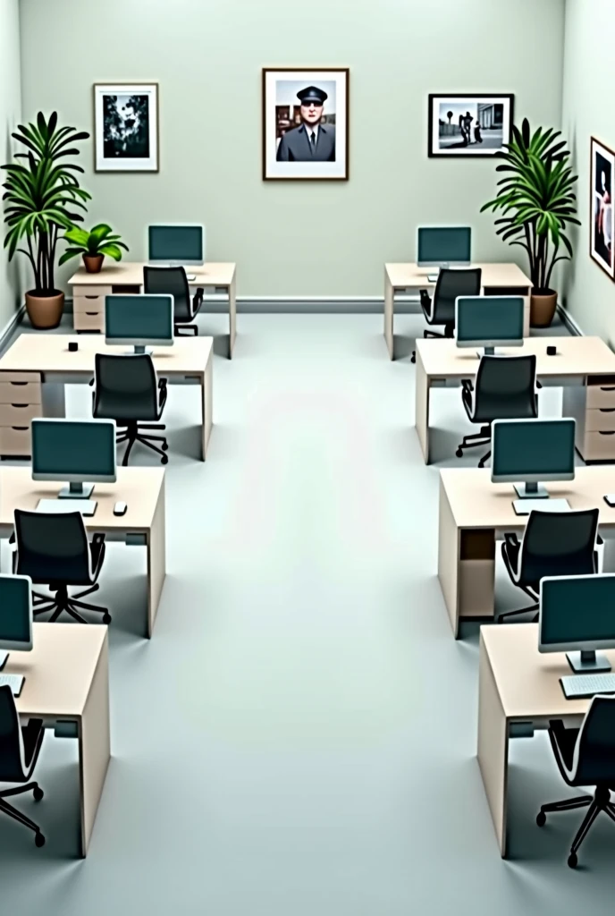 I need an office with the boss's desk at the end of the room.
And the other employees in two rows after the boss, all tables standardized in the same color and chair too.
There must be no people in the image..
And every table needs computers.
I need pictures on the walls.
And plants in the corners of the office.