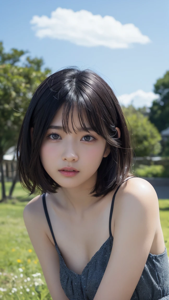 (High resolution:1.3), (16K, Photorealistic, RAW Photos, Best image quality: 1.4), Japanese, (1peopleの少女), Beautiful Face, (A vivid face), (Black-haired、short hair:1.3), Beautiful hairstyle, Realistic eyes, Beautifully detailed eyes, (Realistic Skin), Beautiful skins, Charm, 超High resolution, Surreal, Attention to detail, Golden Ratio, Plein Air, the wind is strong, From below,1people、 Half Body Shot,Highly detailed cute girl,(Age 25)、 dress、