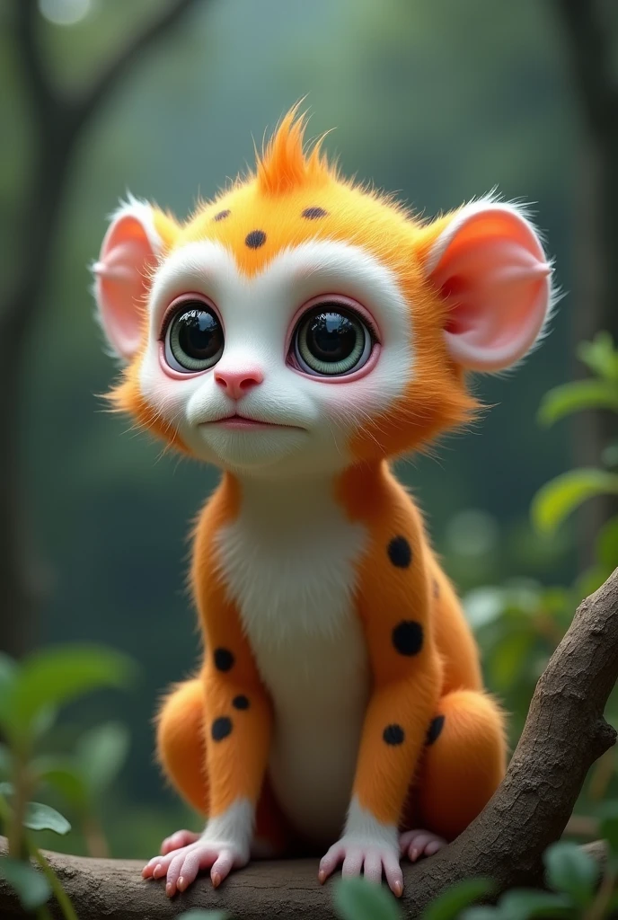 create a photo realistic character named The Moon Monkey, he is an adorable monkey with orange and white fur with black spots resembling moons patterns, he also has white eyes and a dentist’s head mirror reflector