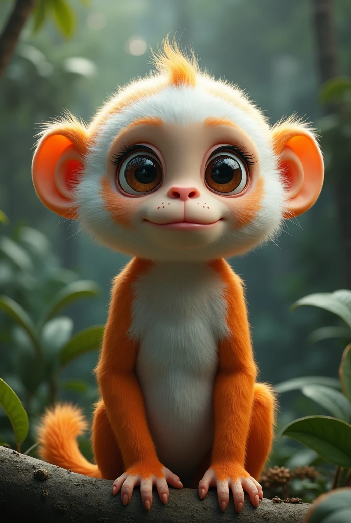 create a photo realistic character named The Moon Monkey, he is an adorable monkey with orange and white fur with black spots resembling moons patterns, he also has white eyes and a dentist’s head mirror reflector