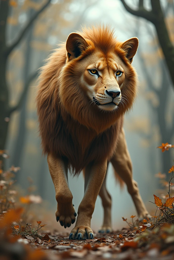 an animal shaped like a dog, lion head, with a horse's snout, a single eye in the center of the head, with squirrel ear, a ey tail and fur