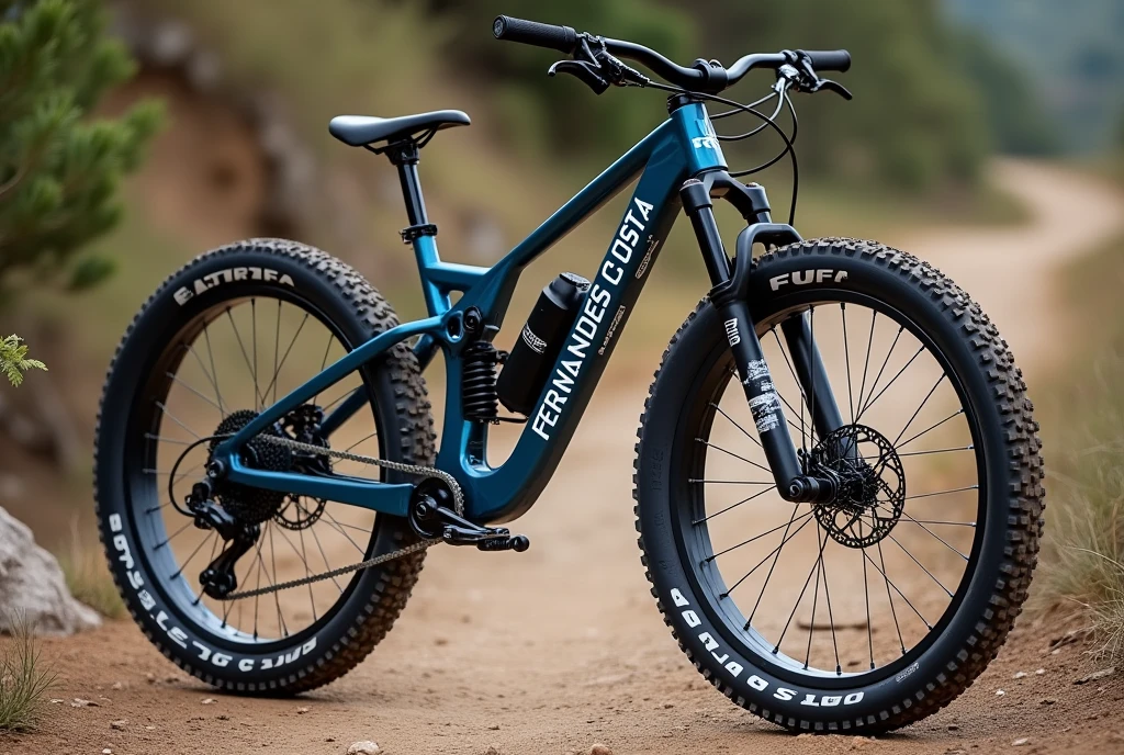 {
  "prompt": "A hyper-realistic image of a Brazilian MTB (Mountain Bike) with a rugged and durable design, perfect for off-road trails. The frame should be metallic blue with 'Fernandes Costa' prominently displayed in bold, white block letters on the main frame tube in Portuguese. The bike features thick, knobby tires, a robust suspension system, and disc brakes. The handlebars are wide and designed for rough terrain, with a comfortable, padded saddle. The background shows a natural trail with dirt and rocks, highlighting the bike's off-road capabilities. The overall look is that of a premium, well-crafted mountain bike built for tough trails.",
  "size": "1024x1024"
}