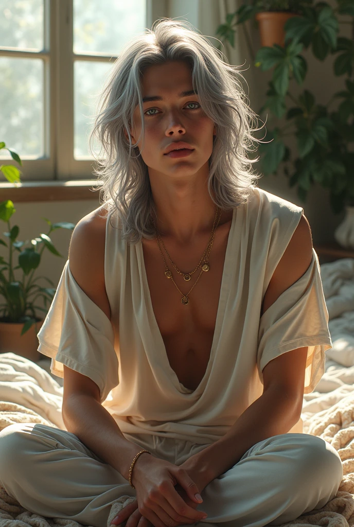 (photorealism:1.2), beautiful male youth, sitting on bed, wearing loose off-shoulder top, pajama pants, long curly silver hair, amethyst eyes, indoors, soft lighting, plants in background, window with sunlight, cozy room, relaxed pose, realistic, intricate details, warm colors, by Greg Rutkowski, by Alphonse Mucha