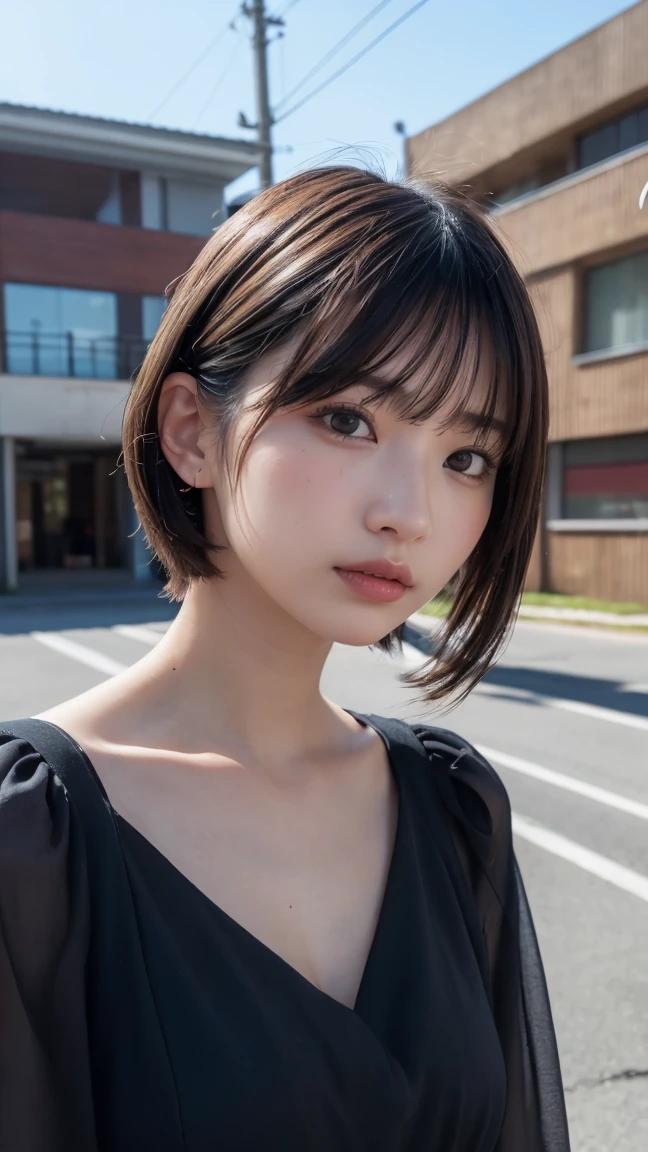 (High resolution:1.3), (16K, Photorealistic, RAW Photos, Best image quality: 1.4), Japanese, (1peopleの少女), Beautiful Face, (A vivid face), (Black-haired、short hair:1.3), Beautiful hairstyle, Realistic eyes, Beautifully detailed eyes, (Realistic Skin), Beautiful skins, Charm, 超High resolution, Surreal, Attention to detail, Golden Ratio, Plein Air, the wind is strong, From below,１people、 Half Body Shot,Highly detailed cute girl,(20-year-old)、 dress、