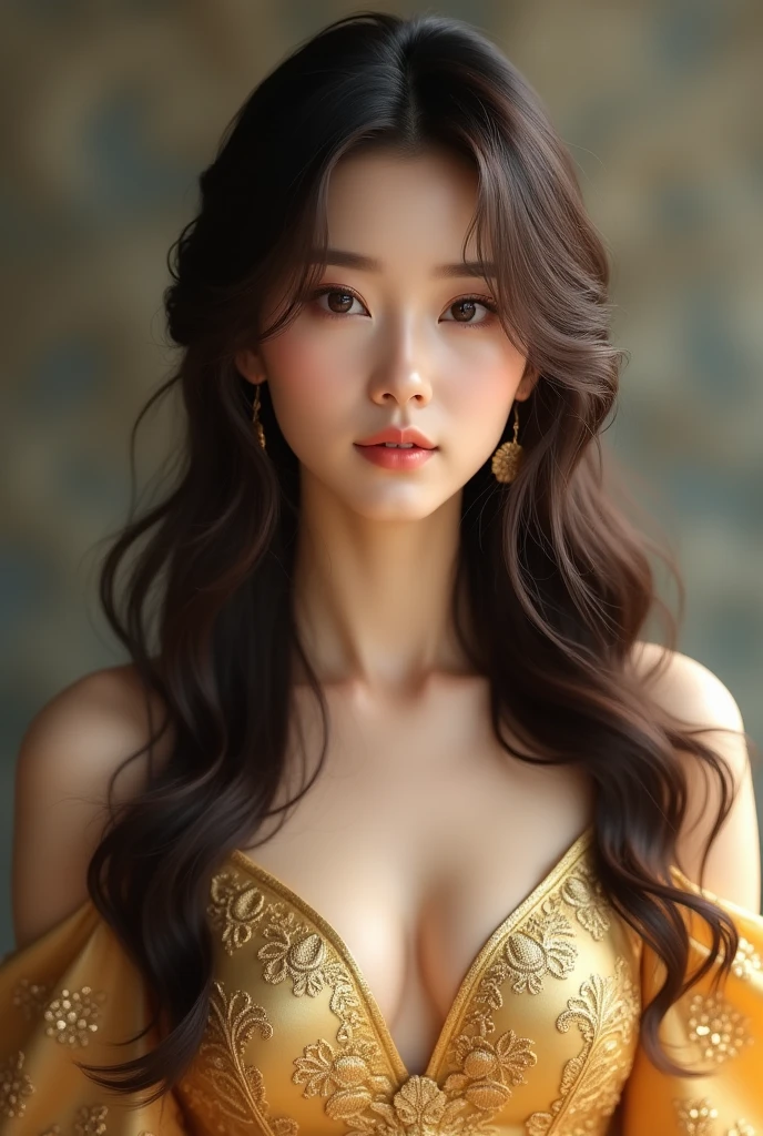Create a realistic Korean woman with long brown hair in a golden dress