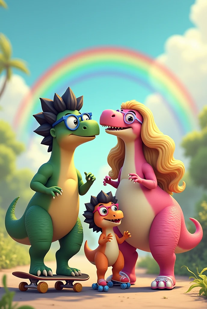 Dinosaur family, dinosaur father tall muscular black hair wearing blue glasses on skateboard. Tall beautiful pink dinosaur mother, long curly blonde hair, Wearing Pink Glasses, breasts big, turned legs . Dinosaur daughter girl light pink color, Wearing Pink Glasses, long curly brown hair. another baby dinosaur with black hair. Sun shining in the sky, very beautiful rainbow, everyone using roller skates and dinosaur using scooter.
In this image there are 4 dinosaurs in total.