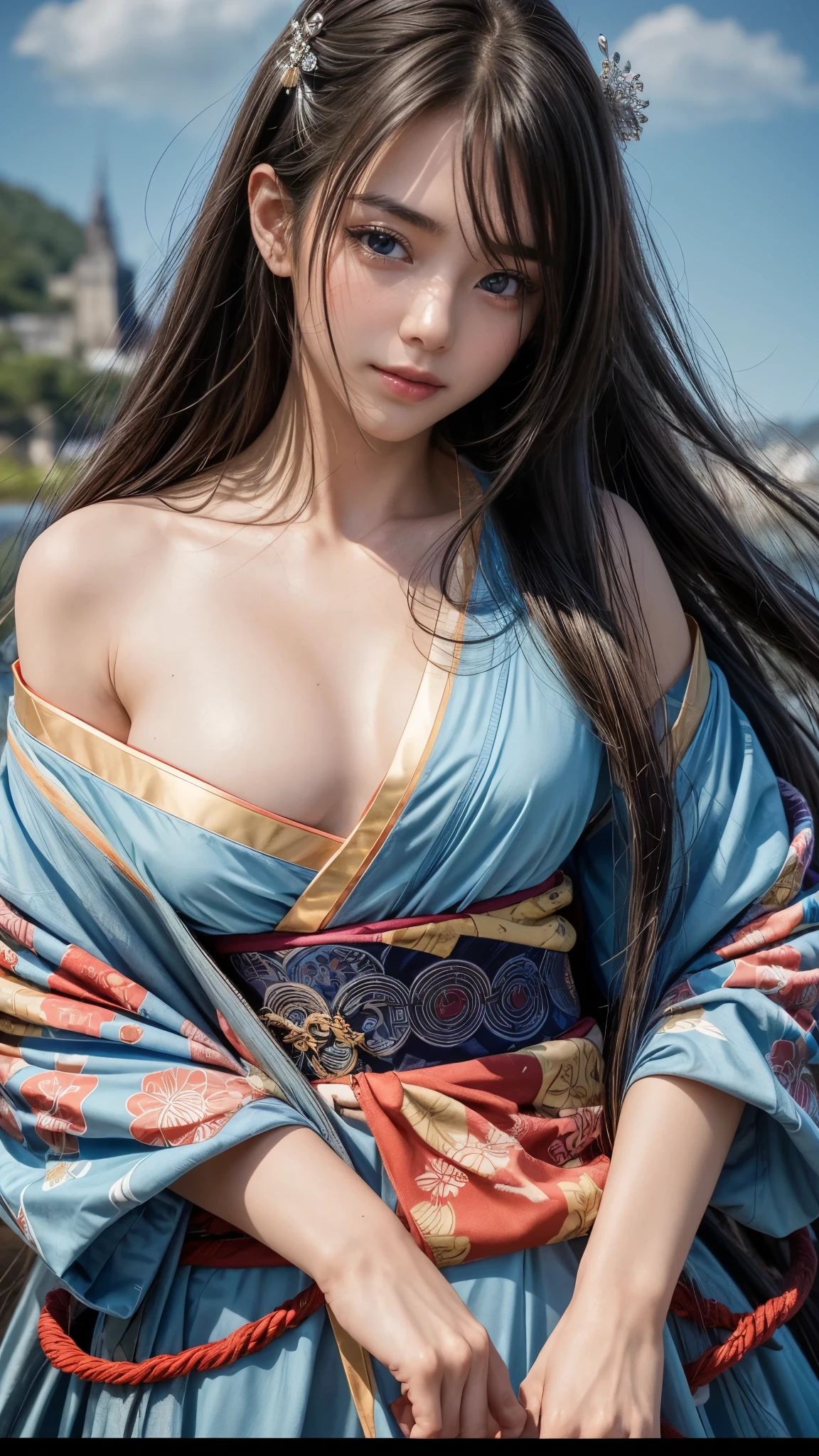 (RAW shooting:1.5, Photoreal:1.5, 8k, highest quality, masterpiece, ultra high resolution), Japan, world of magic and swords, perfect dynamic composition:1.2, Mysterious:1.3, Highly detailed skin and facial textures:1.3, cute and sexy slim female samurai, beautiful and aesthetic:1.2, cute and sexy beauty, perfect style, wear elaborate rings, Holding a Japanese sword:1.1, fire, water, wind, thunder, ice, Fair skin, very beautiful face, (Medium chest, Chest gap), (embarrassing smile, The expression on your face when you feel intense caress, Facial expression when feeling pleasure), (wear kimono sexy:1.1, off shoulder), (beautiful blue eyes, Eyes that feel beautiful eros:0.8), (Too erotic:0.9, Bewitching:0.9), full body shot, Japan castle in the background、((Tiny and slim waist:1.2)), ((Slender body line)), (Detailed eyes and face:1.2, Professional photography techniques), (The perfectly correct hand:1.1)