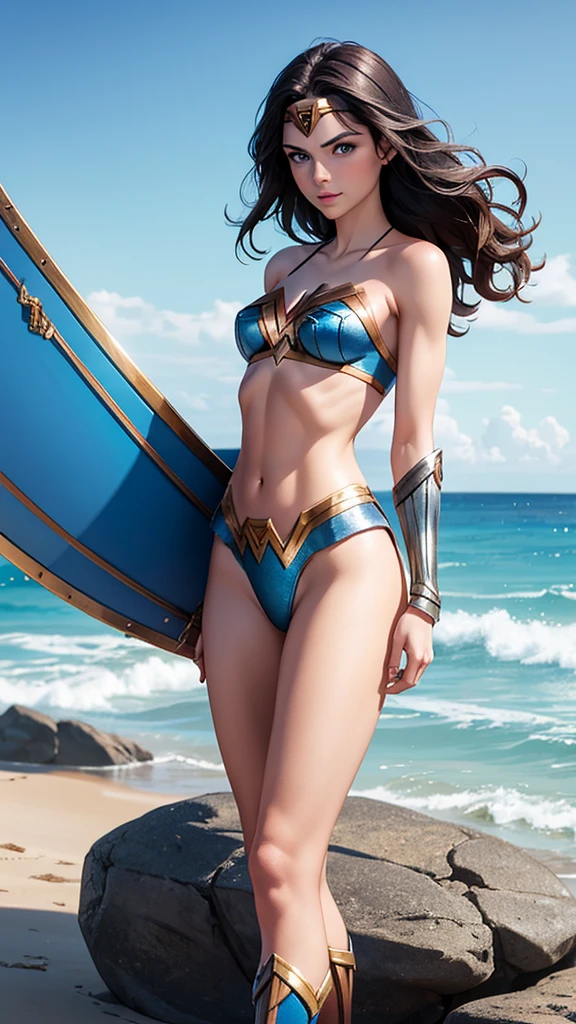 1 woman, young, sexy, europea, clear skin, very thin body, small breasts, small buttocks, beautiful, blue eyes, toned abdomen, perfect feet, parada sobre la arena a la orilla del Mar, bikini de wonder woman, IT'S ON THE BEACH, the sun illuminates its beauty, Mar espumoso, eggs, beautiful landscape background on the beach, arena, Mar, radiant sun, look towards the horizon, High resolution, Red hair, hair between eyes, Horse tail, serious, from behind, hyperdetailed, Hyperrealism, high quality, masterpiece, photo realisticCinematic lighting, 8k octane, hyperdetailed, wide angle,