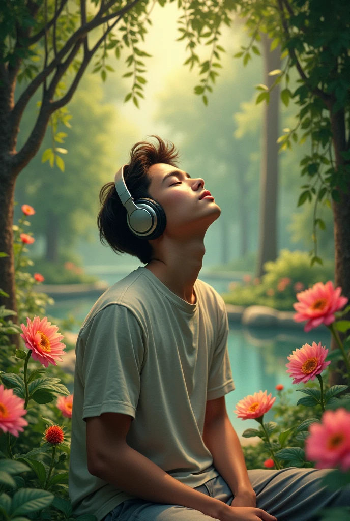 A young man listening to music and enjoying a garden